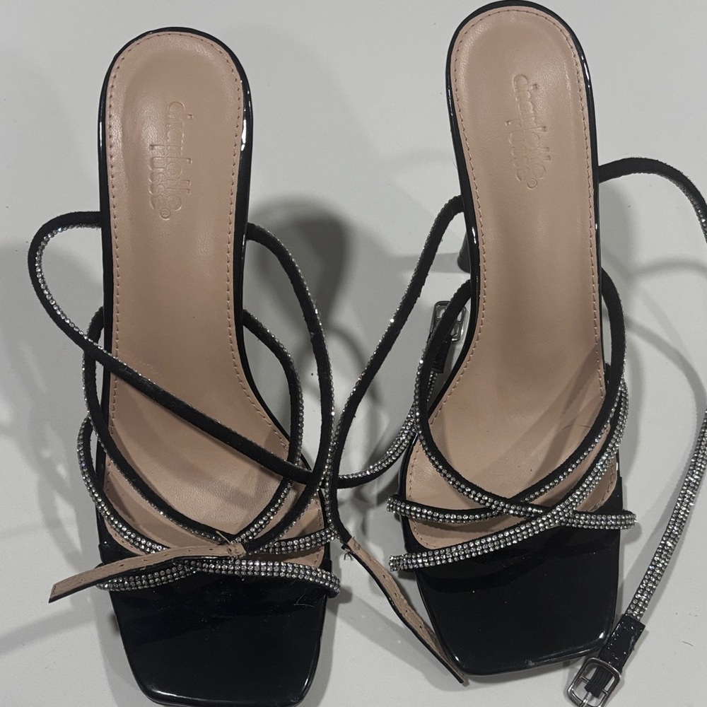 Chic Black Strappy Heels with Rhinestone Accents